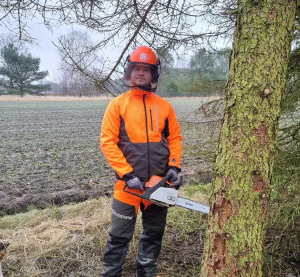 Mitarbeiter in Schnittschutzausrüstung mit Motorsäge am Baum